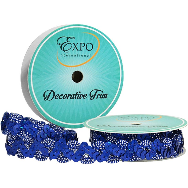 إكسبو إنترناشونال بكرة شريط ريبا ريكراك المزين بالترتر من إكسبو إنترناشونال | أزرق ملكي/فضي | (بكرة بطول 3 ياردات) - Image 1